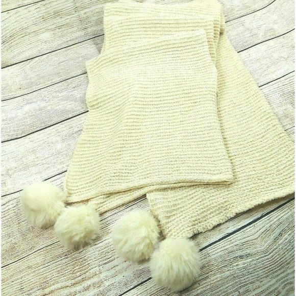 Women Scarf Cream W/Pom Pom Soft Comfy Warm Shawl Wrap Cowl Scarves Gift - Picture 9 of 10